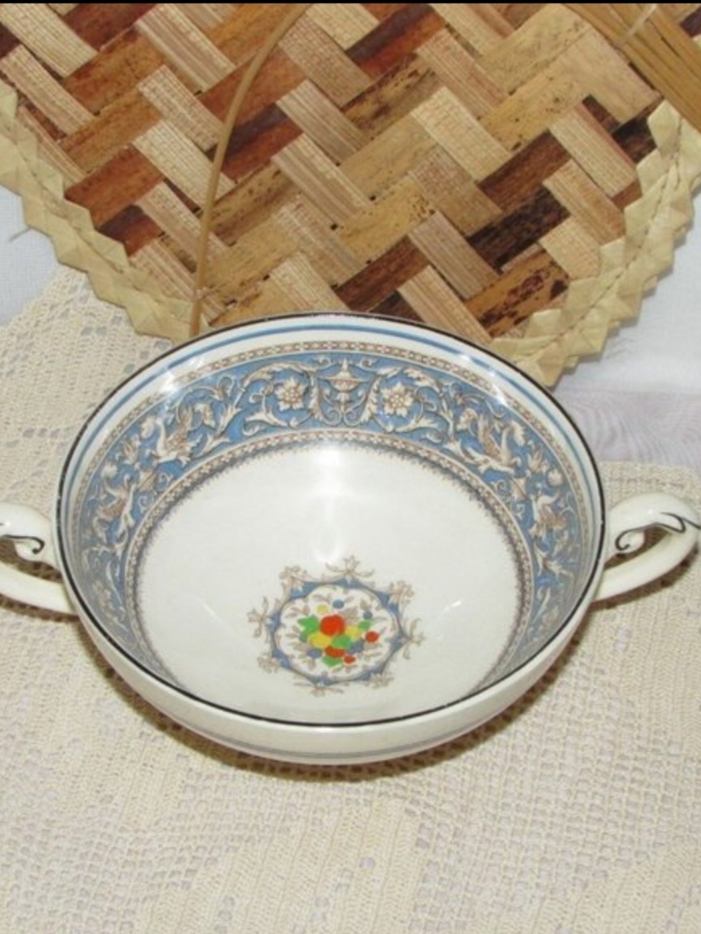 Antique Myott Medici Cream Soup Bouillon Bowl Blue Bands Griffon England Vintage